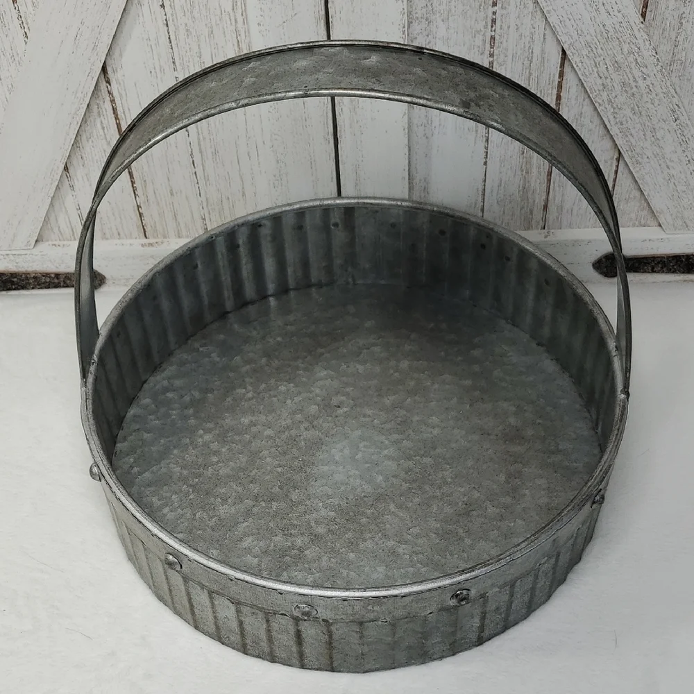 Galvanized Metal Round Basket with Handle Farmhouse Country Decor